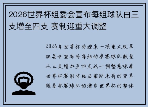 2026世界杯组委会宣布每组球队由三支增至四支 赛制迎重大调整