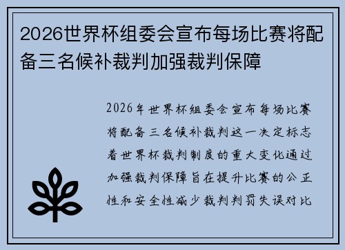 2026世界杯组委会宣布每场比赛将配备三名候补裁判加强裁判保障